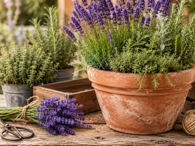 piante di lavanda, rose e altri fiori estivi in Agricola